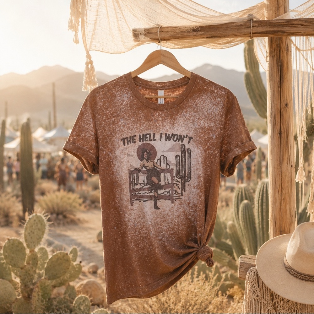 Western Desert Cowgirl Graphic Tee Bleached Acid Wash Festival Boho Shirt L